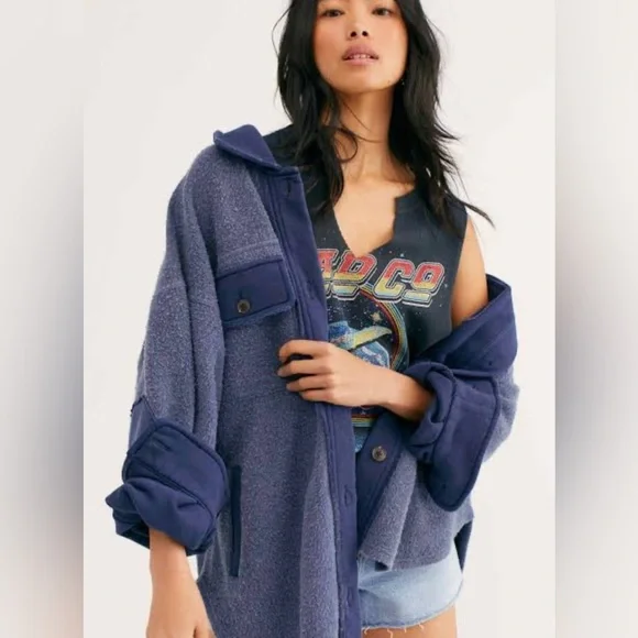 Free People | Indigo Blue Ruby Oversized Shirt Jacket size Small - Picture 2 of 14
